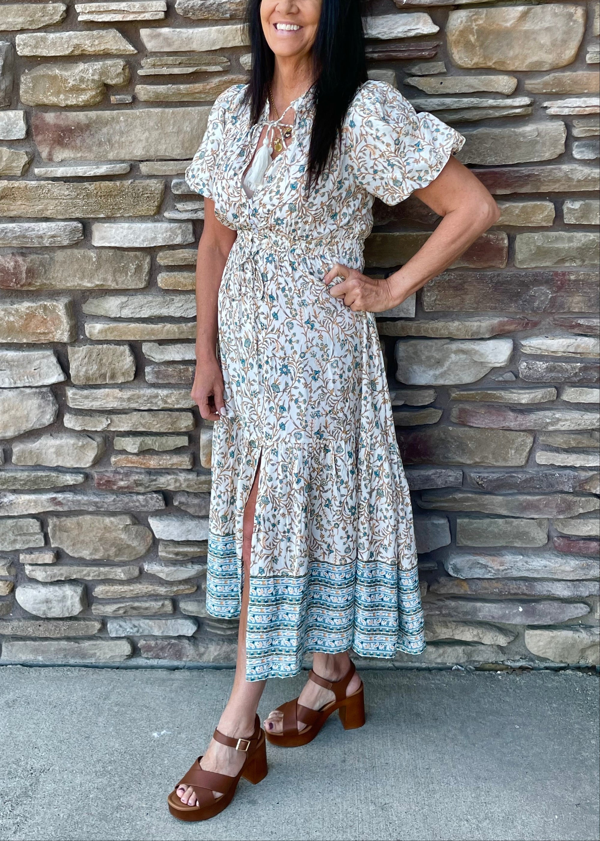 Elan Short Sleeve V-Neck Floral Maxi Dress - Blue Whimsy Print