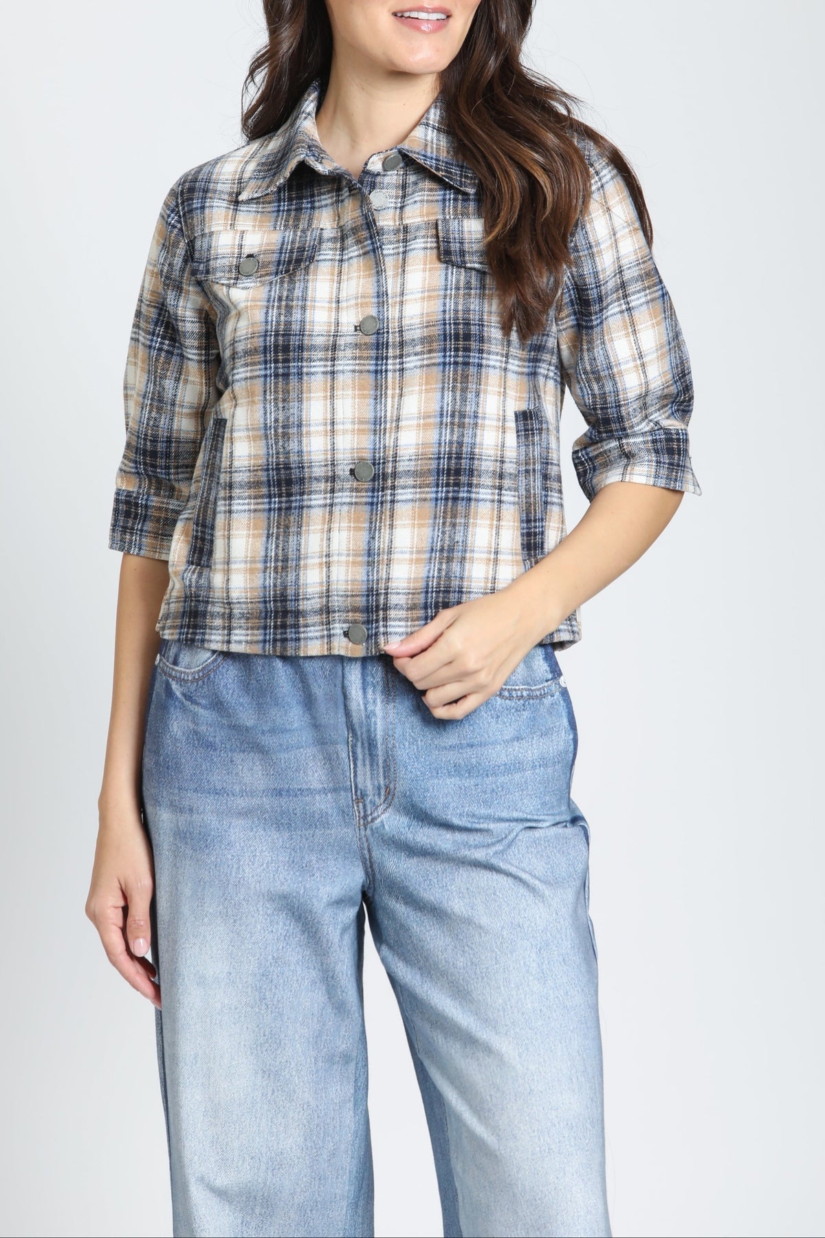 APNY Jean Jacket W/Elbow Sleeve in Toffee Windowpane - front view