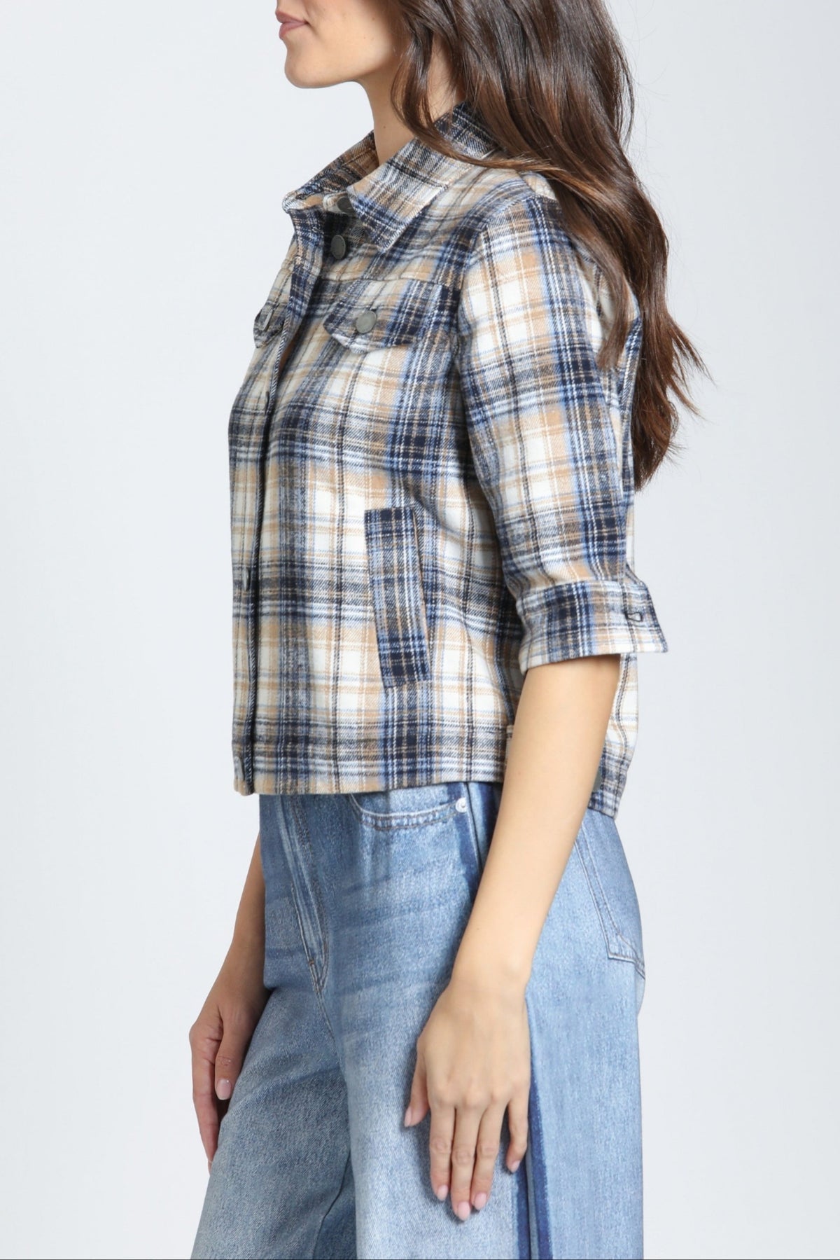 APNY Jean Jacket W/Elbow Sleeve in Toffee Windowpane - back view