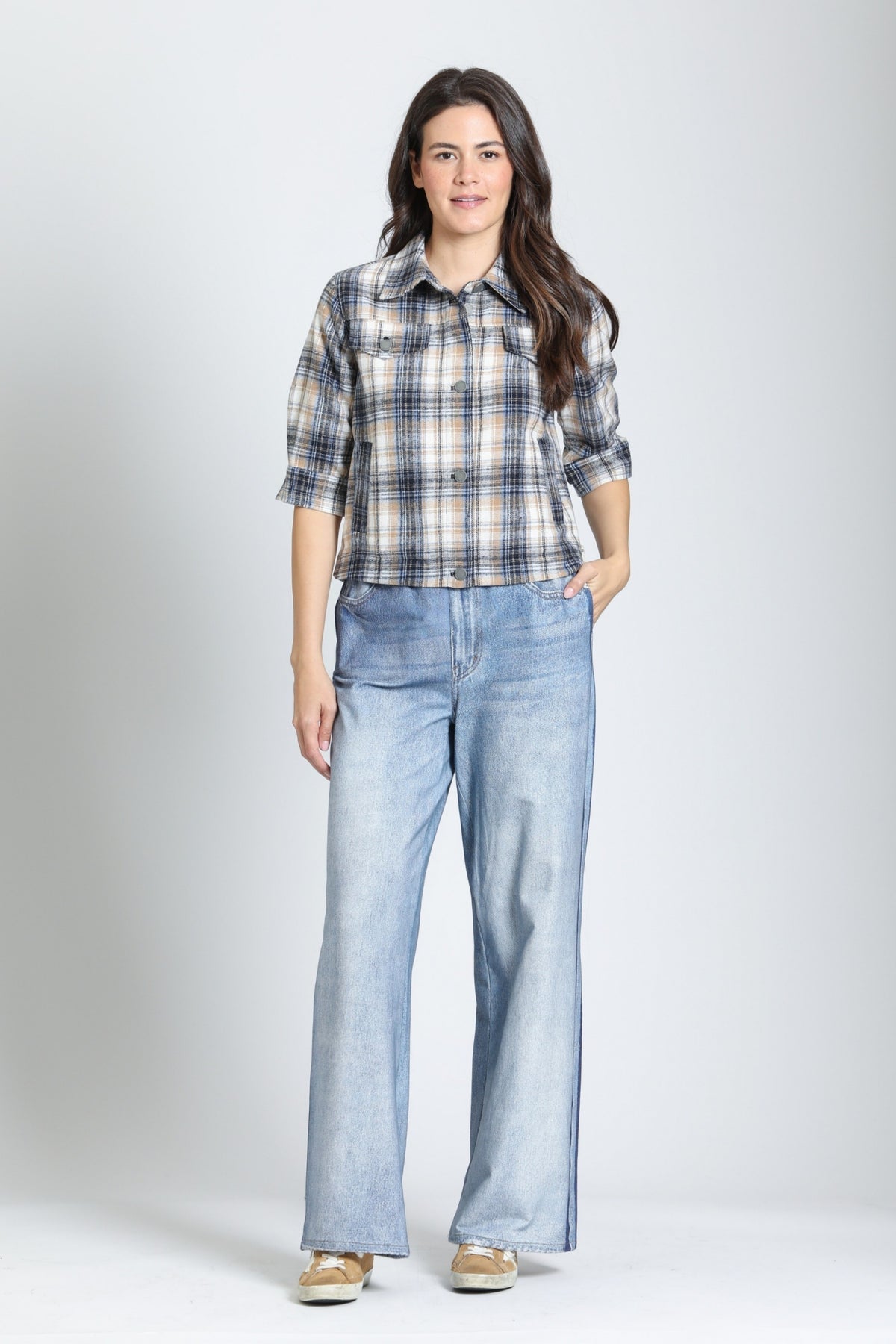 APNY Jean Jacket W/Elbow Sleeve in Toffee Windowpane - detail view