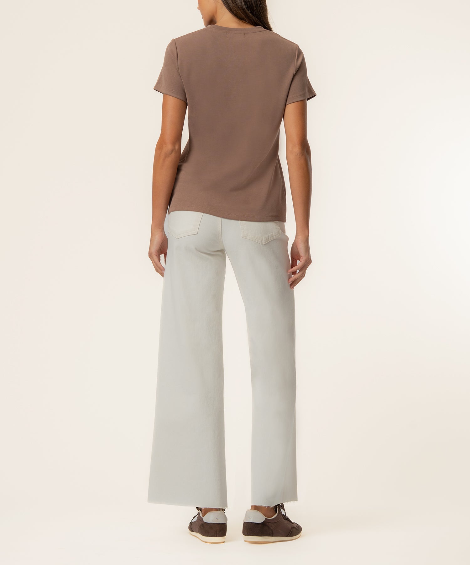 Kut from the Kloth Remington Scoop Neck Short Sleeve Shirt in Latte, back view