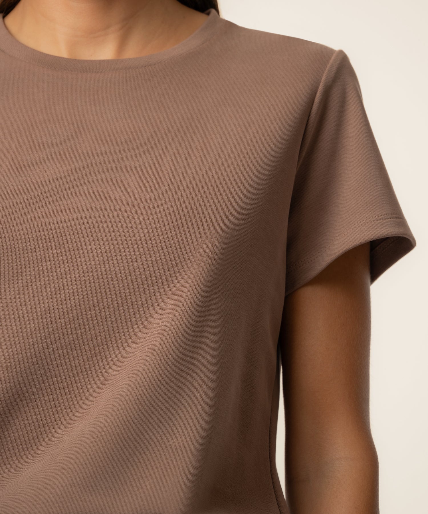 Kut from the Kloth Remington Scoop Neck Short Sleeve Shirt in Latte, close-up detail