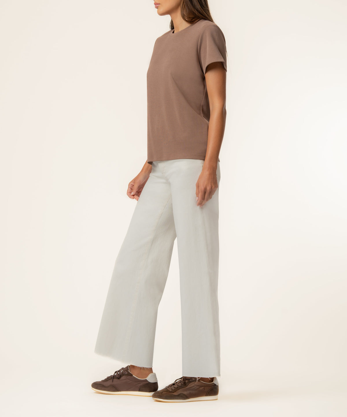 Kut from the Kloth Remington Scoop Neck Short Sleeve Shirt in Latte, styled view