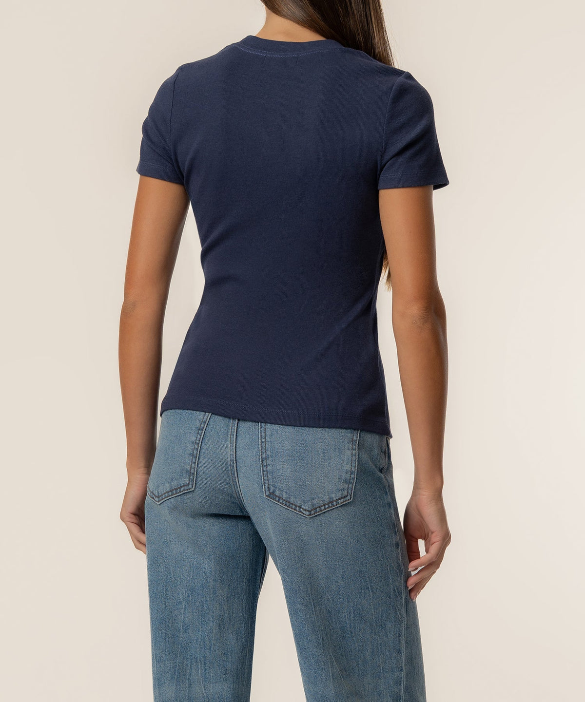 Kut from the Kloth Langley Short Sleeve Rib Top in Navy, back view