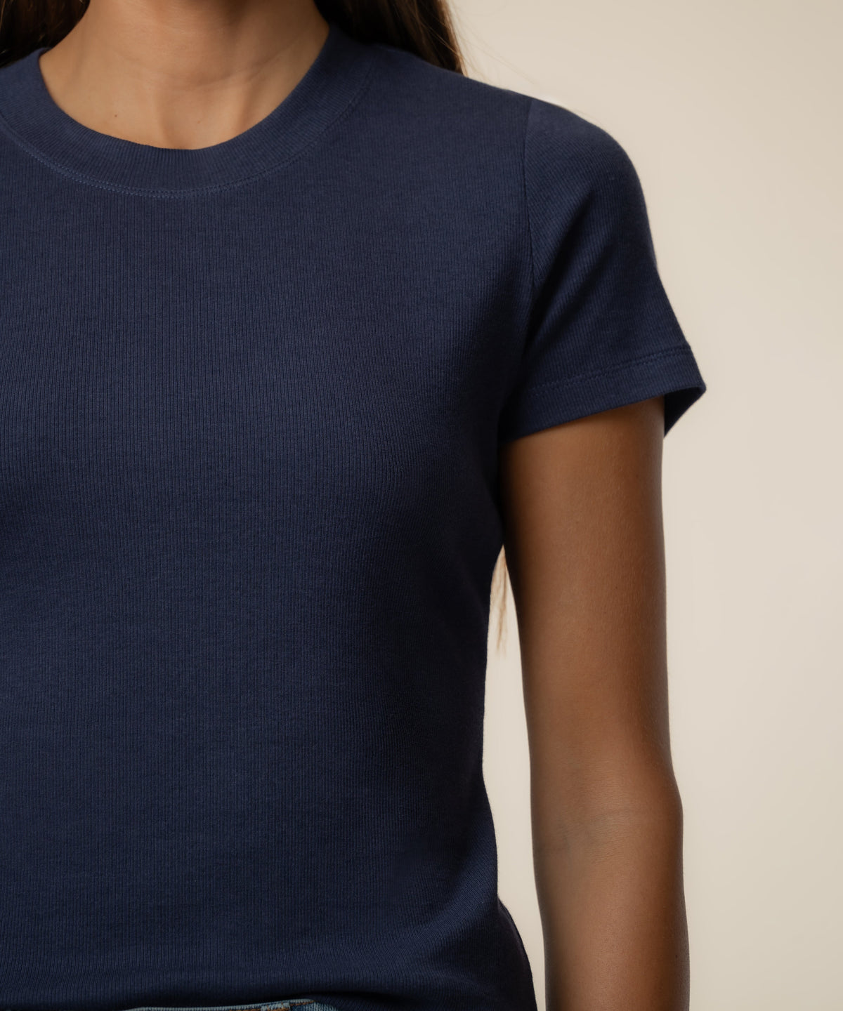 Kut from the Kloth Langley Short Sleeve Rib Top in Navy, close-up detail