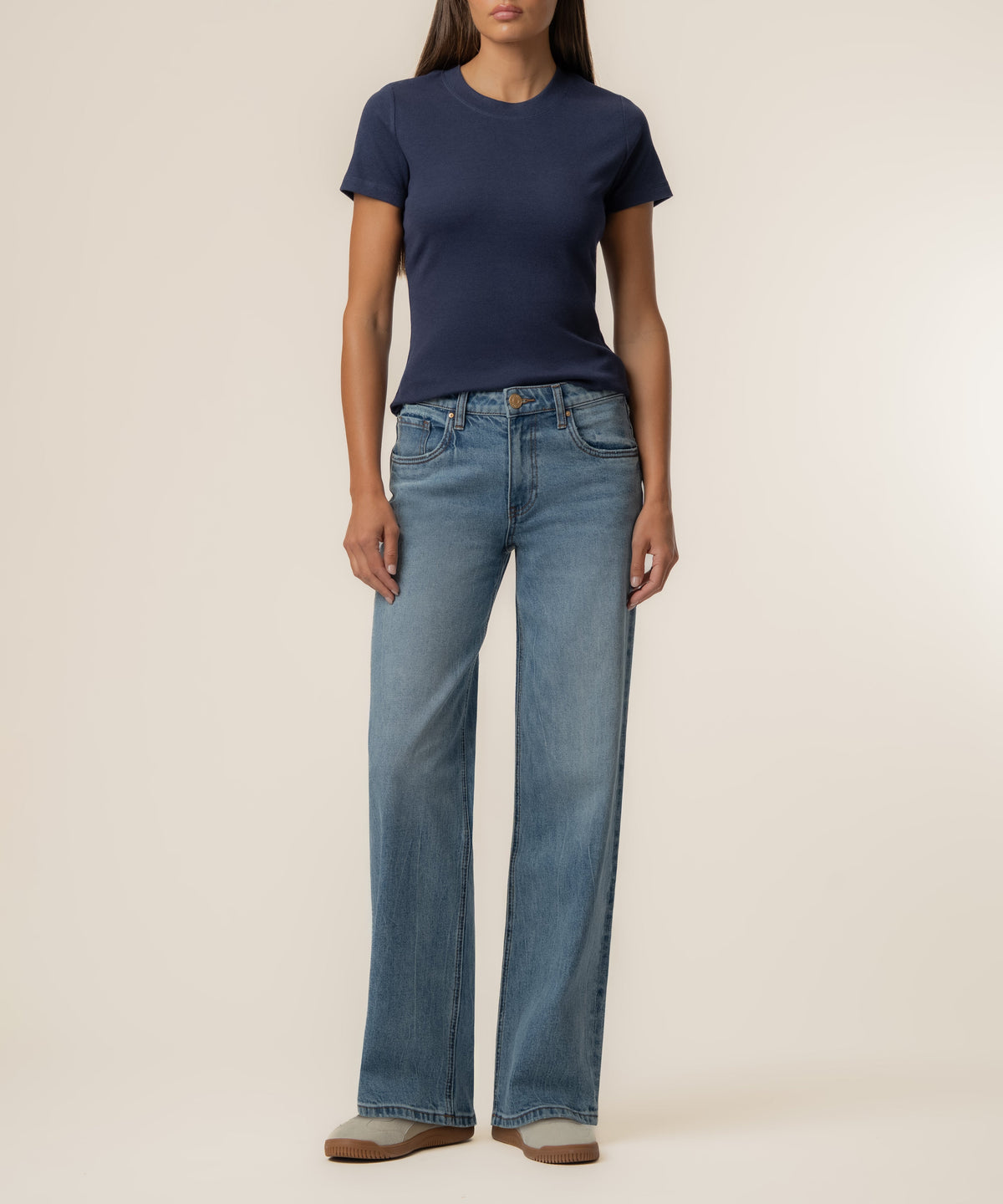 Kut from the Kloth Langley Short Sleeve Rib Top in Navy, front view