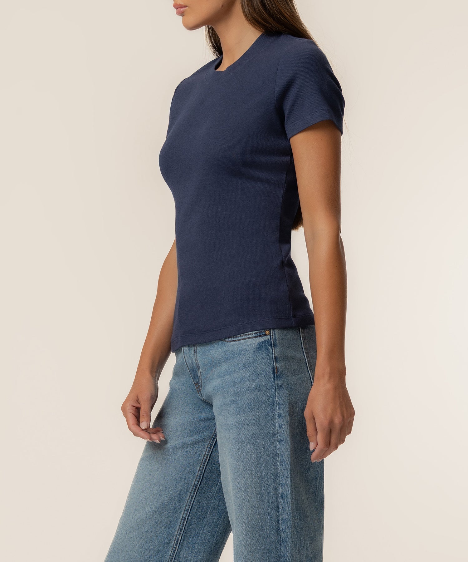 Kut from the Kloth Langley Short Sleeve Rib Top in Navy, styled view