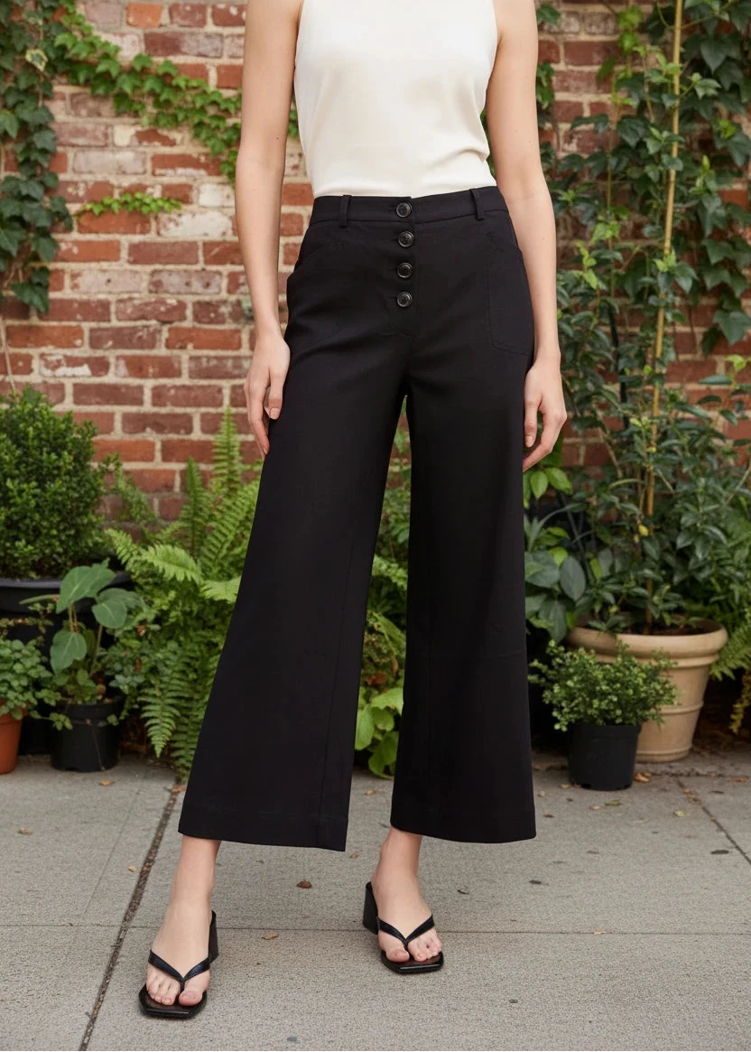 Woman wearing a white sleeveless top and black wide-leg pants against a brick wall with climbing greenery.
