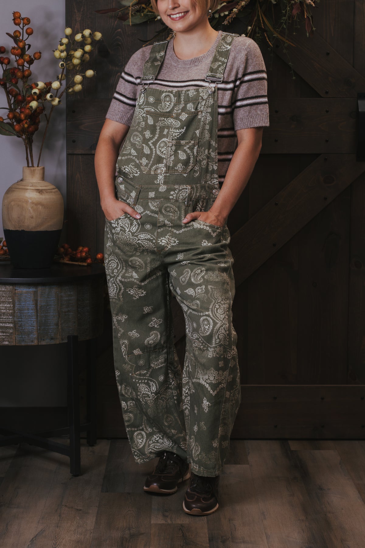 Eesome Bandana Printed Barrel Overalls - Vintage Army