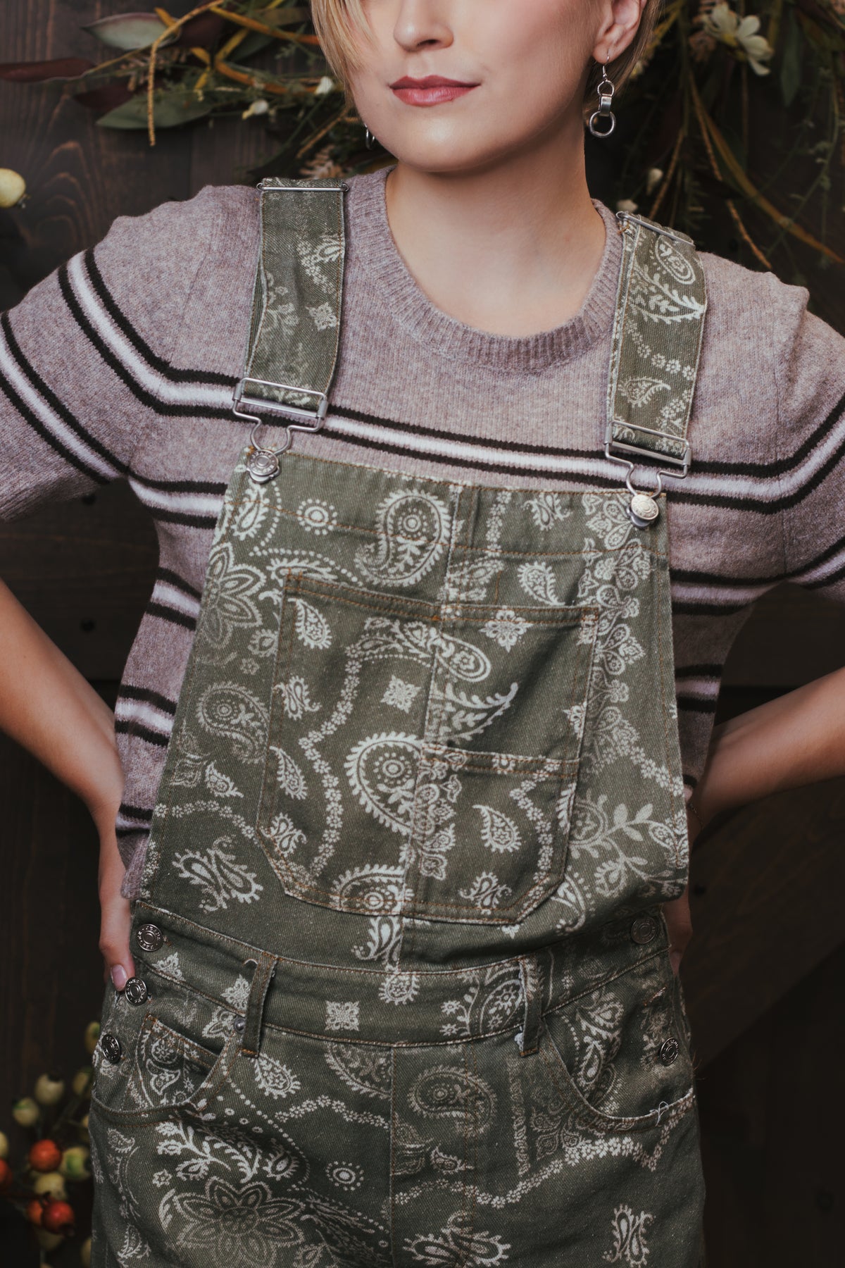 Eesome Bandana Printed Barrel Overalls - Vintage Army