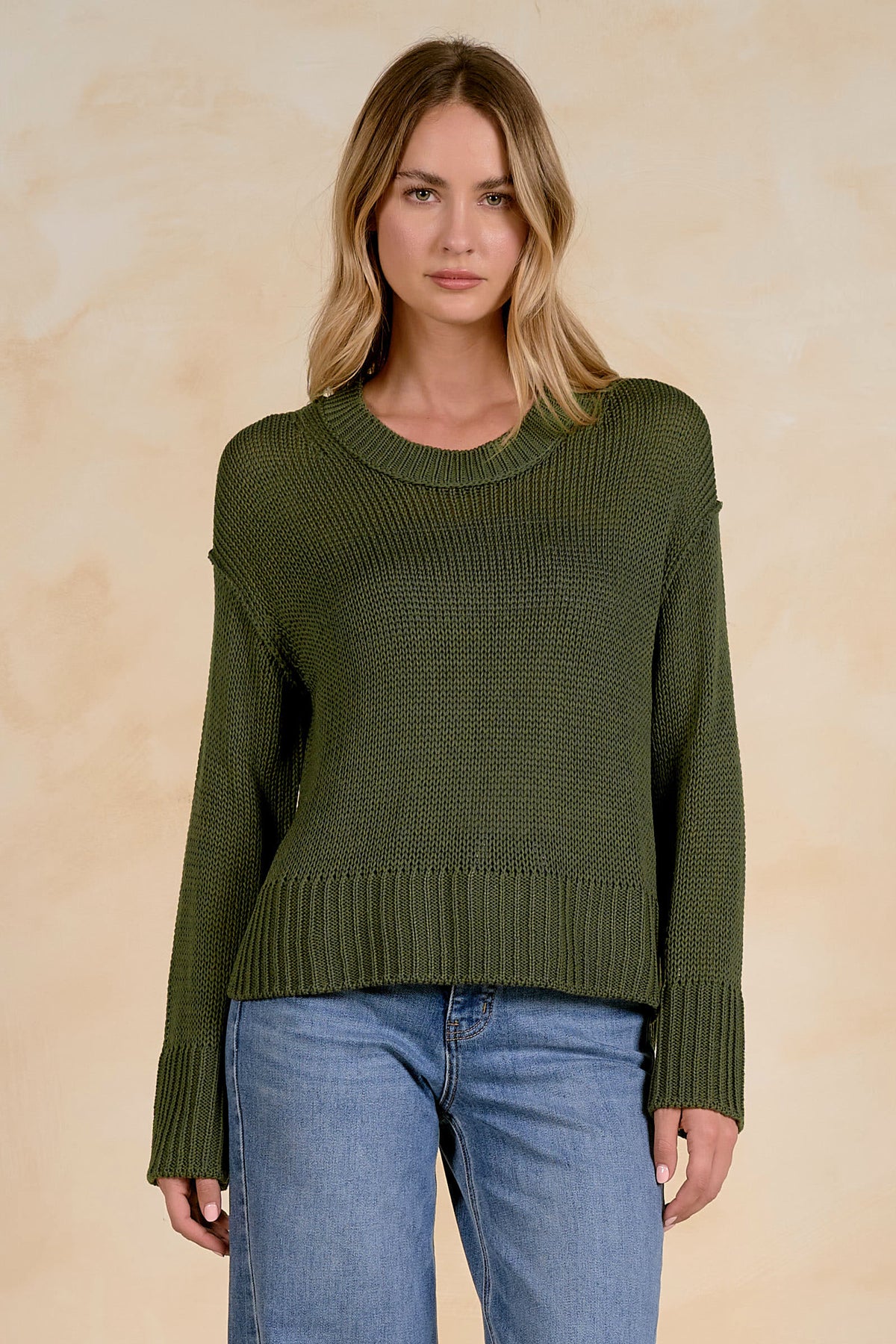 Elan Open Knit Crewneck Sweater - Light Olive