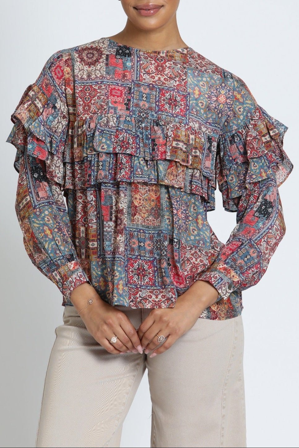 APNY Ruffled Peasant Blouse in Dusty Rose Multi