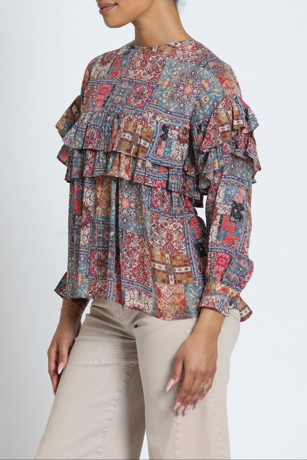 APNY Ruffled Peasant Blouse in Dusty Rose Multi