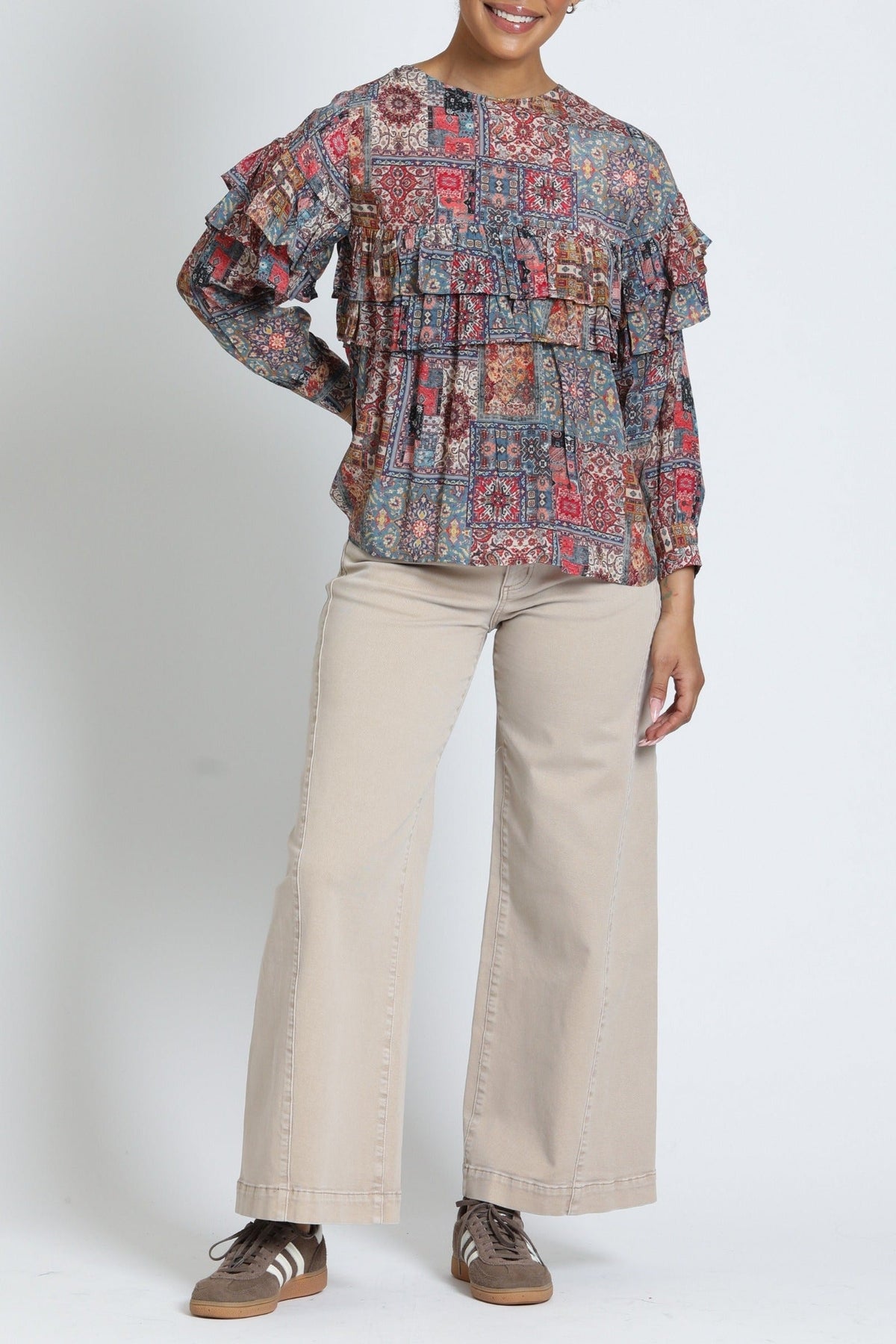 APNY Ruffled Peasant Blouse in Dusty Rose Multi