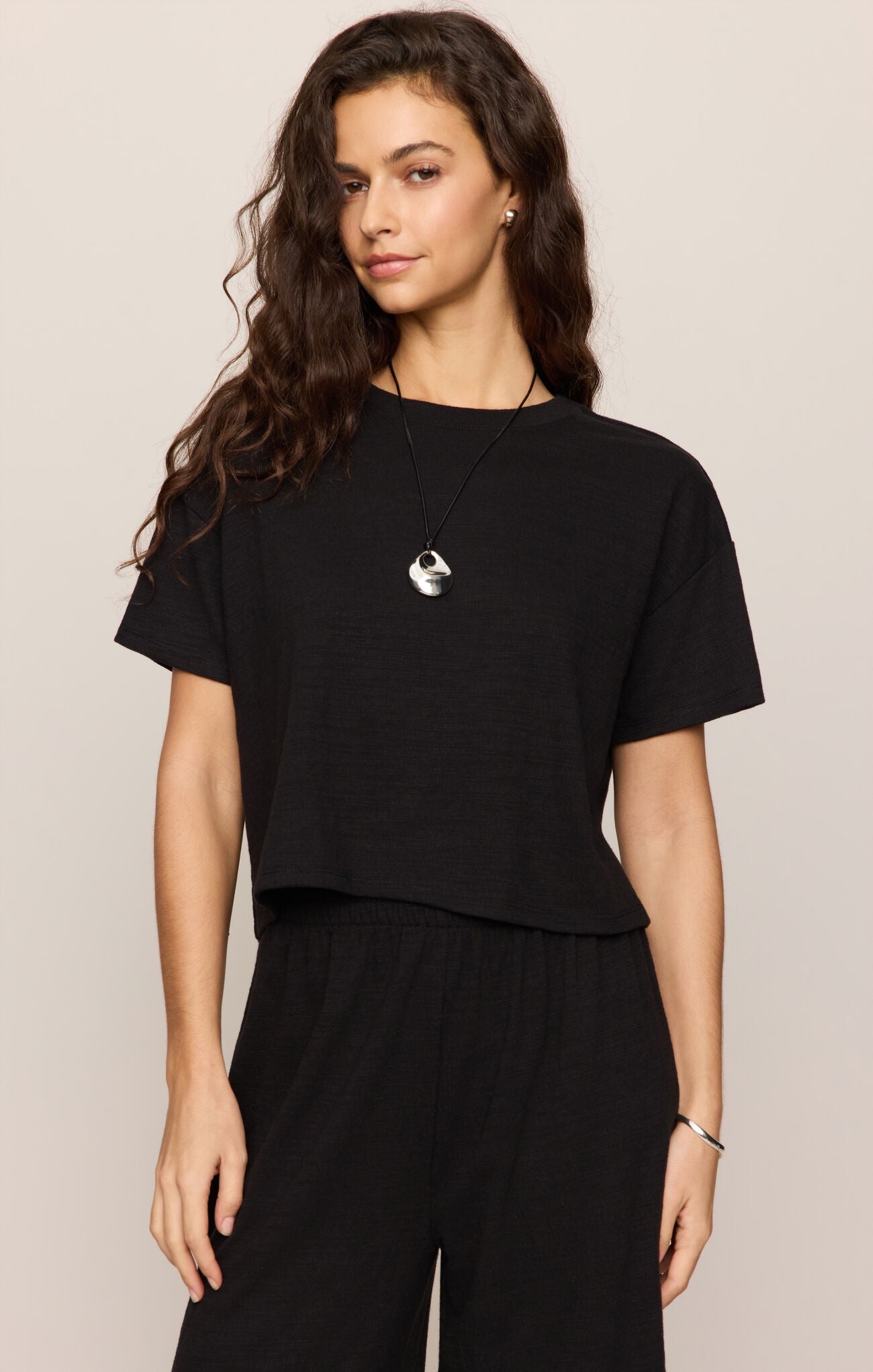 Z Supply Sway Textured Cropped Tee in Black, front view