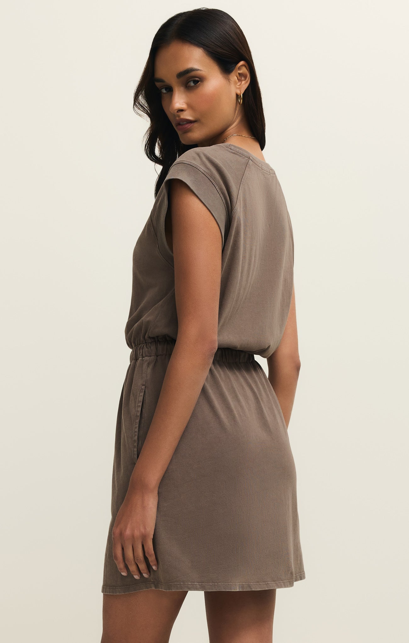 Z Supply Kalani Mini Dress in Perfectly Taupe, back view