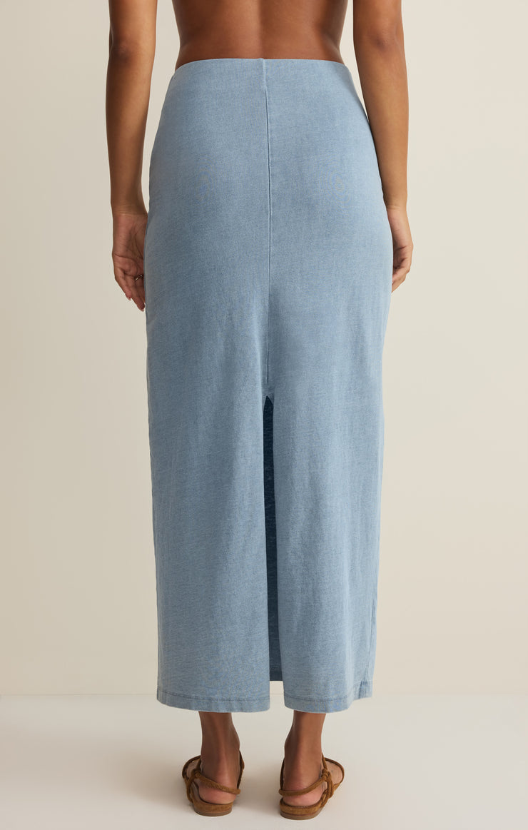 Z Supply Gail Jersey Denim Midi Skirt in Ocean Air Indigo - back view