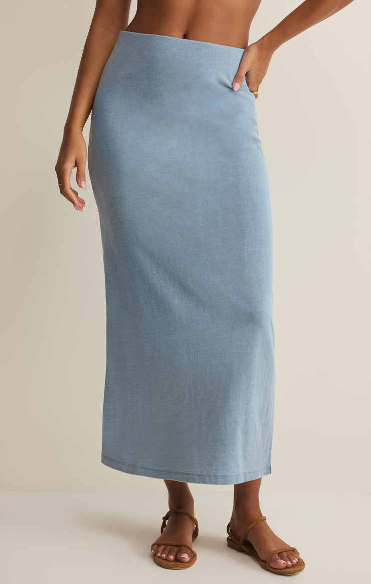 Z Supply Gail Jersey Denim Midi Skirt in Ocean Air Indigo - front view