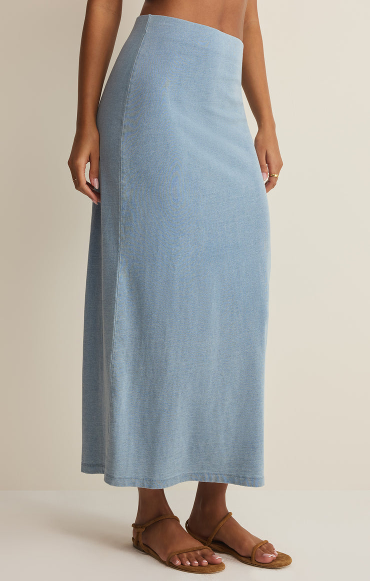 Z Supply Gail Jersey Denim Midi Skirt in Ocean Air Indigo - side view