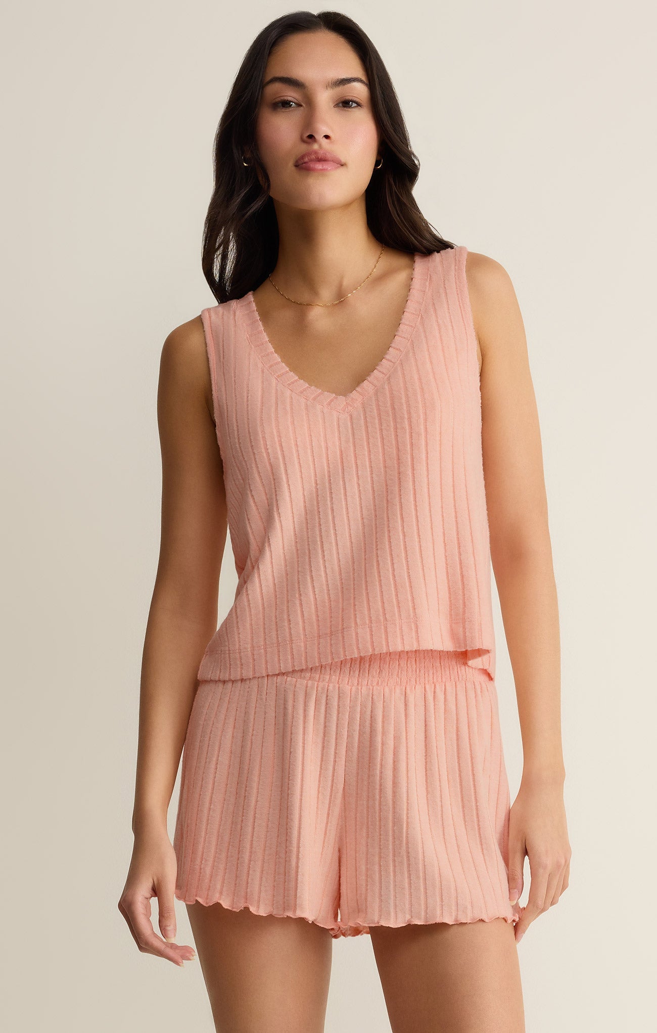 Z Supply Sloane V-Neck Rib Tank in Bellini - front view