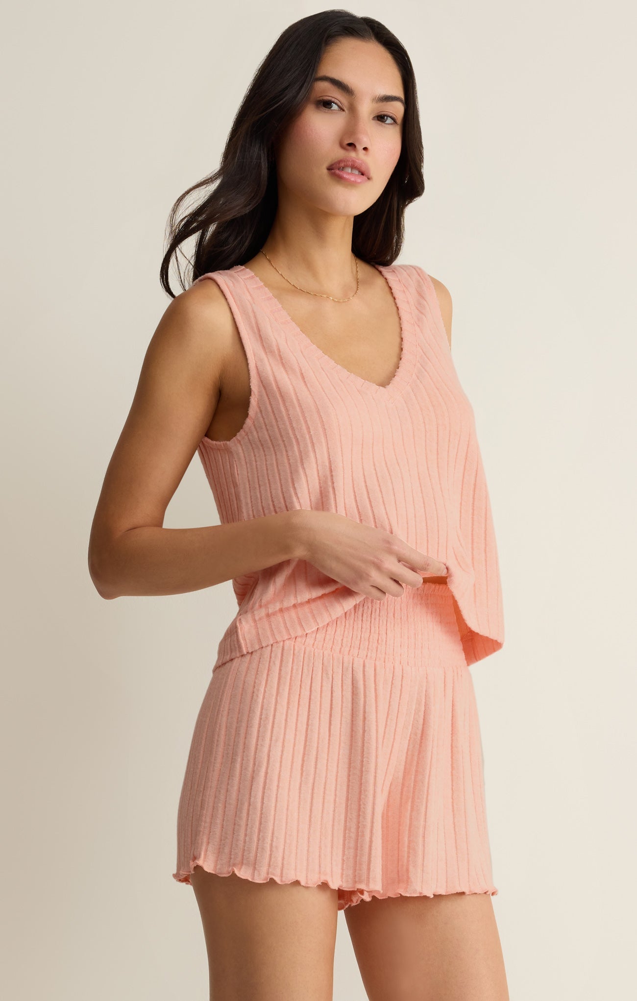 Z Supply Sloane V-Neck Rib Tank in Bellini - side view