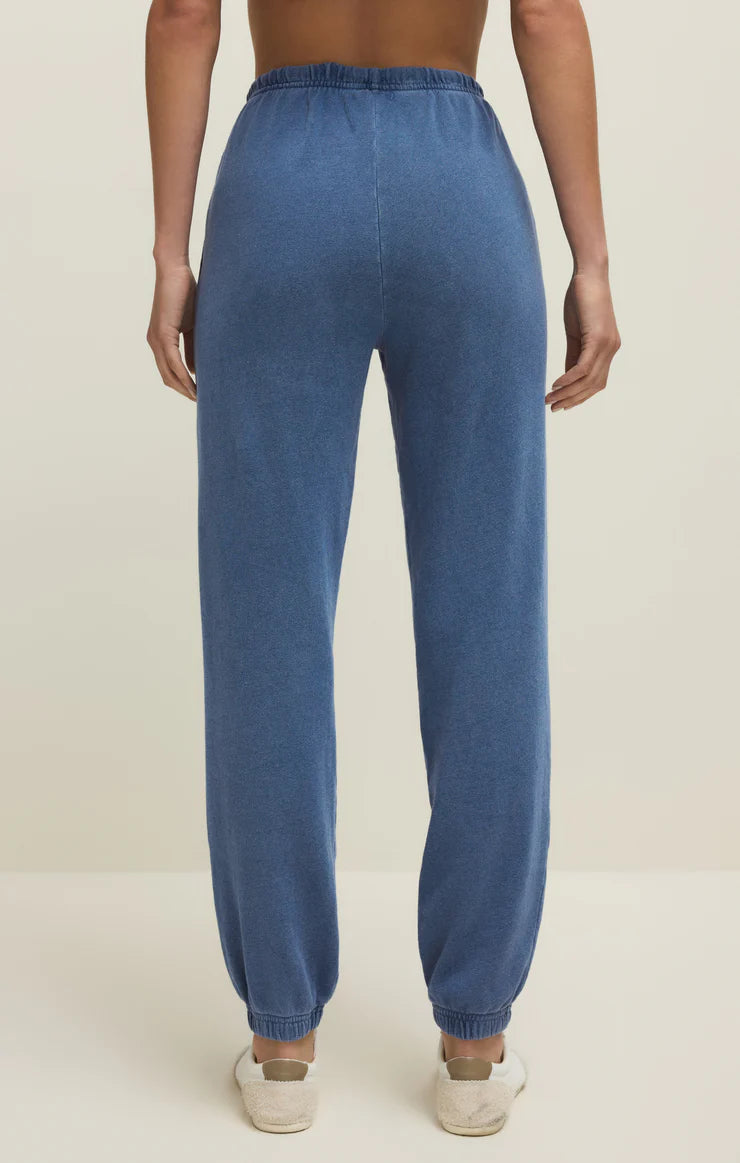 Z Supply Downtown Knit Denim Jogger in Calypso Blue, back view