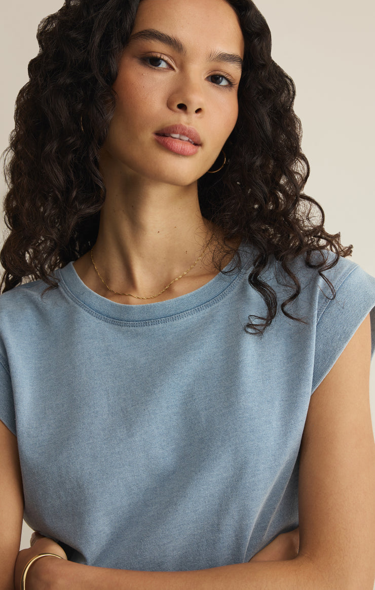 Z Supply Camino Denim Top in Ocean Air Indigo - detail view