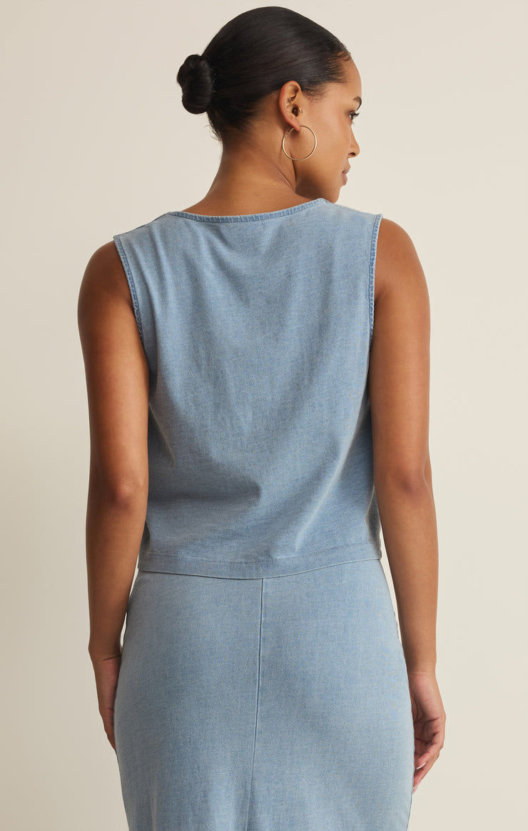 Z Supply Noelle Jersey Denim Top in Ocean Air Indigo - back view