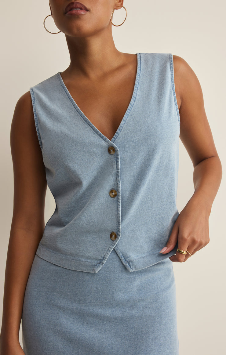 Z Supply Noelle Jersey Denim Top in Ocean Air Indigo - detail view