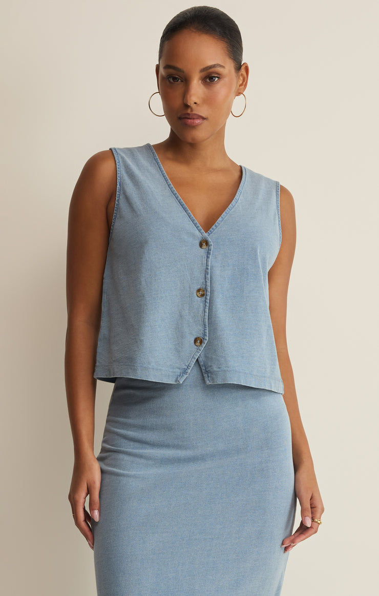 Z Supply Noelle Jersey Denim Top in Ocean Air Indigo - front view