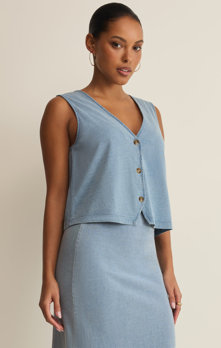 Z Supply Noelle Jersey Denim Top in Ocean Air Indigo - side view