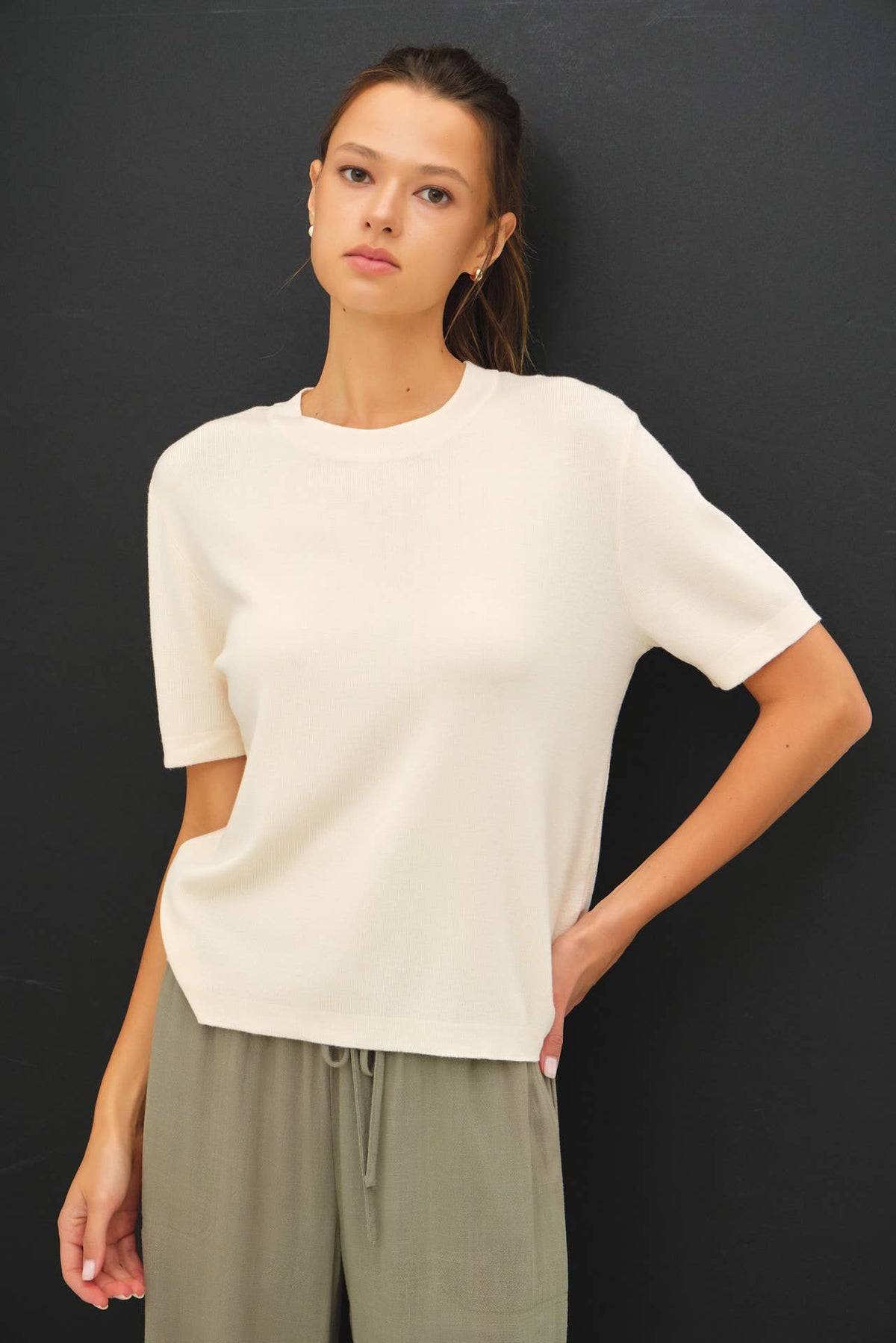 Cashmere Blended Short Sleeve Sweater - Olive