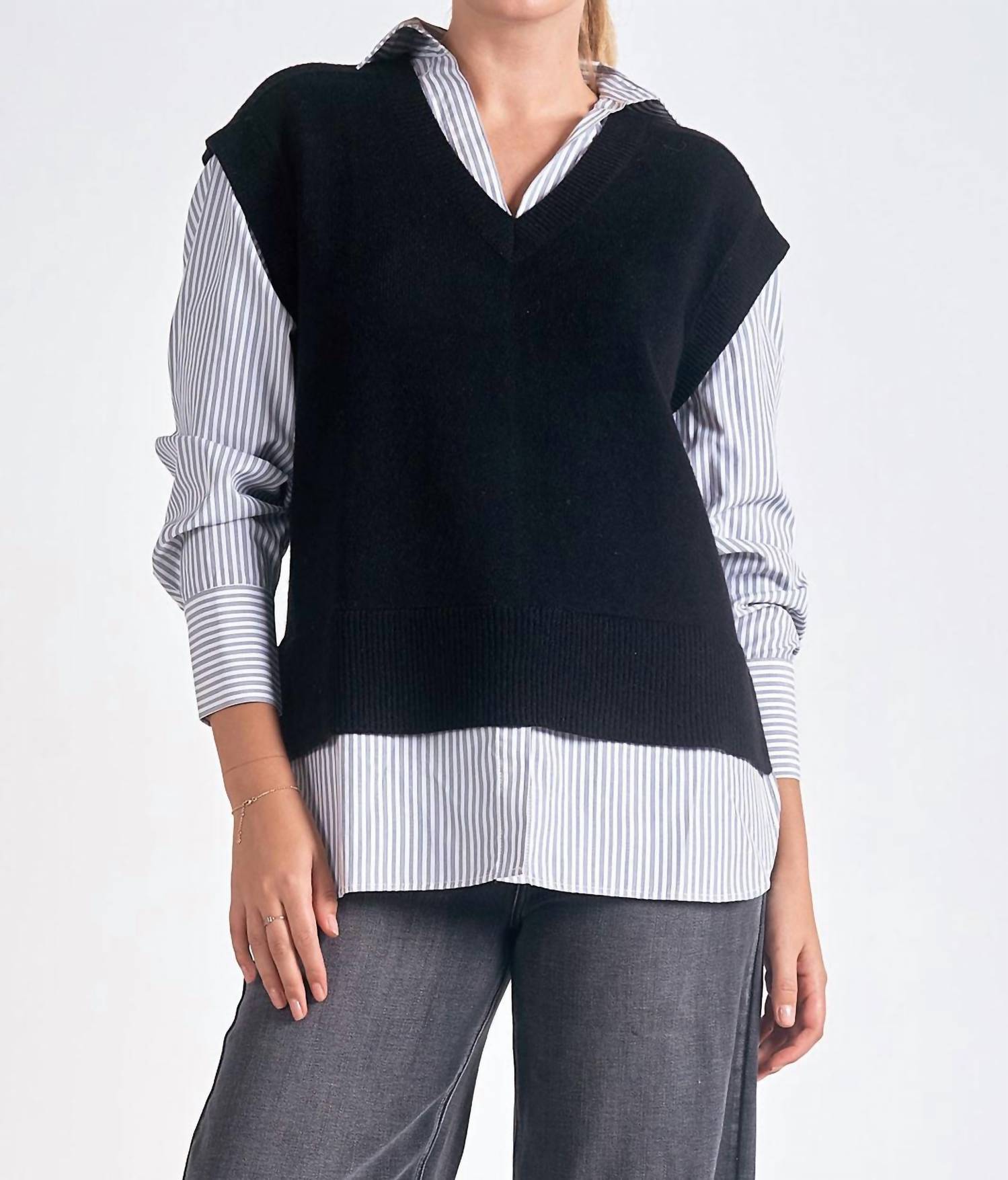 Elan Deep V Sweater Vest in Black, detail view
