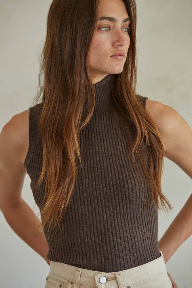 By Together Turtleneck Sleeveless Top - Chocolate