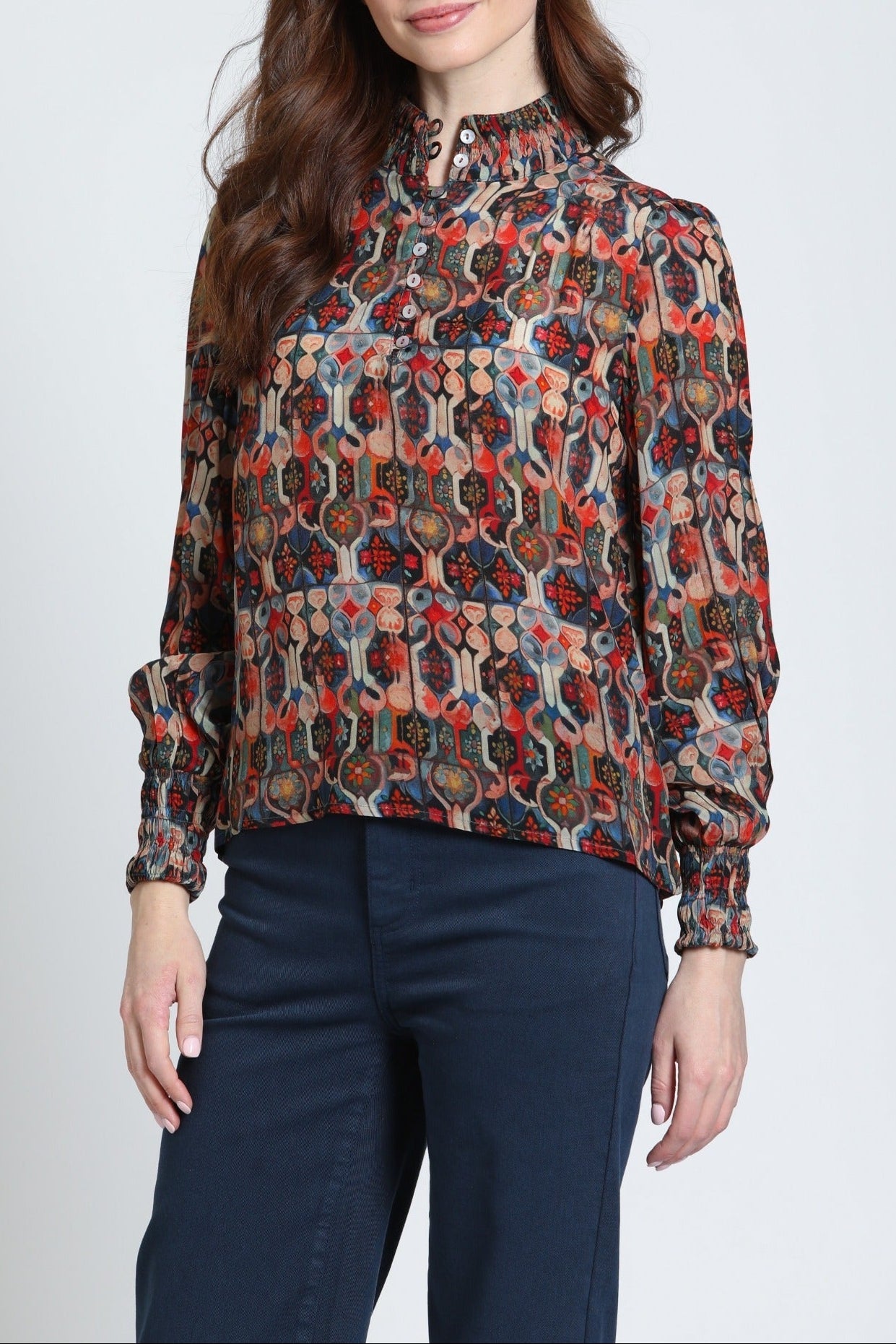 Front view of the APNY Puff Sleeve Blouse in Indigo/Sienna