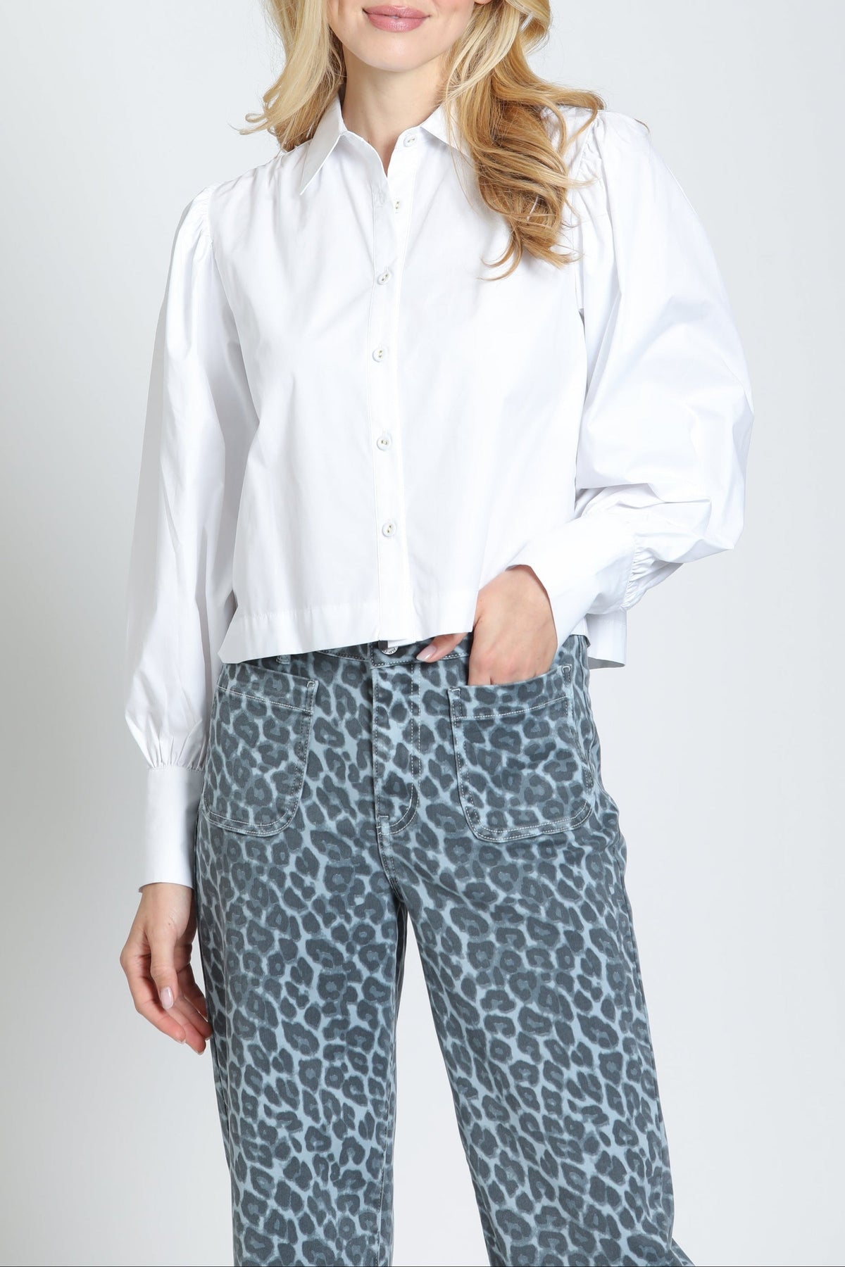 Front view of the APNY Puff Sleeve Shirt in White