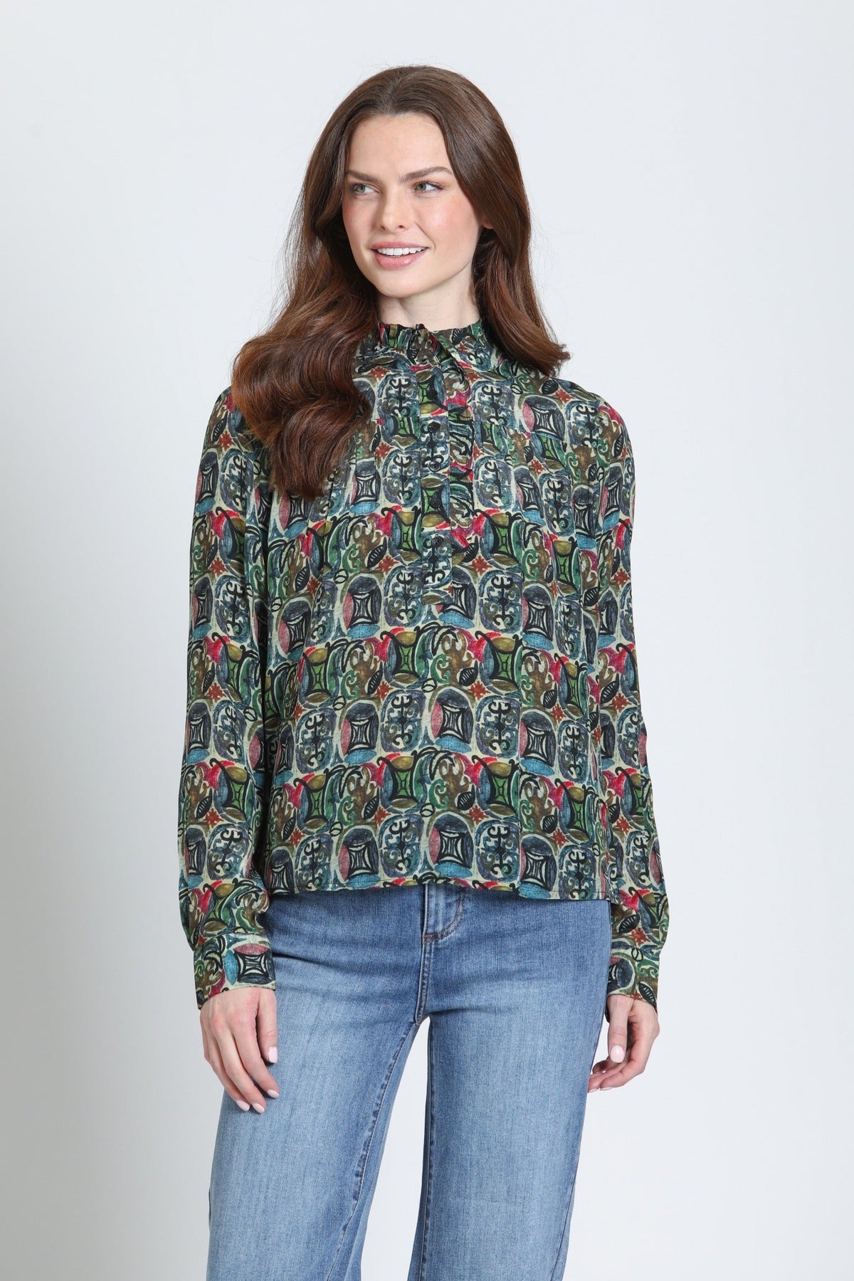 Front view of the APNY Ruffle Half Placket Blouse in Moss &amp; Garnet Multi