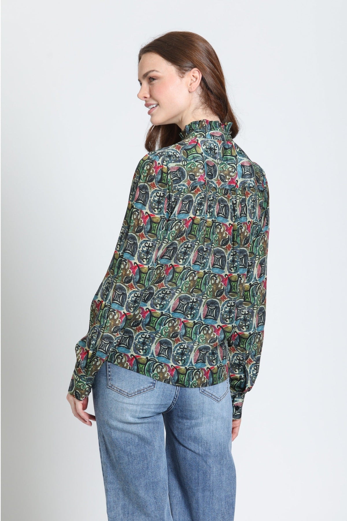 Side view of the APNY Ruffle Half Placket Blouse in Moss &amp; Garnet Multi