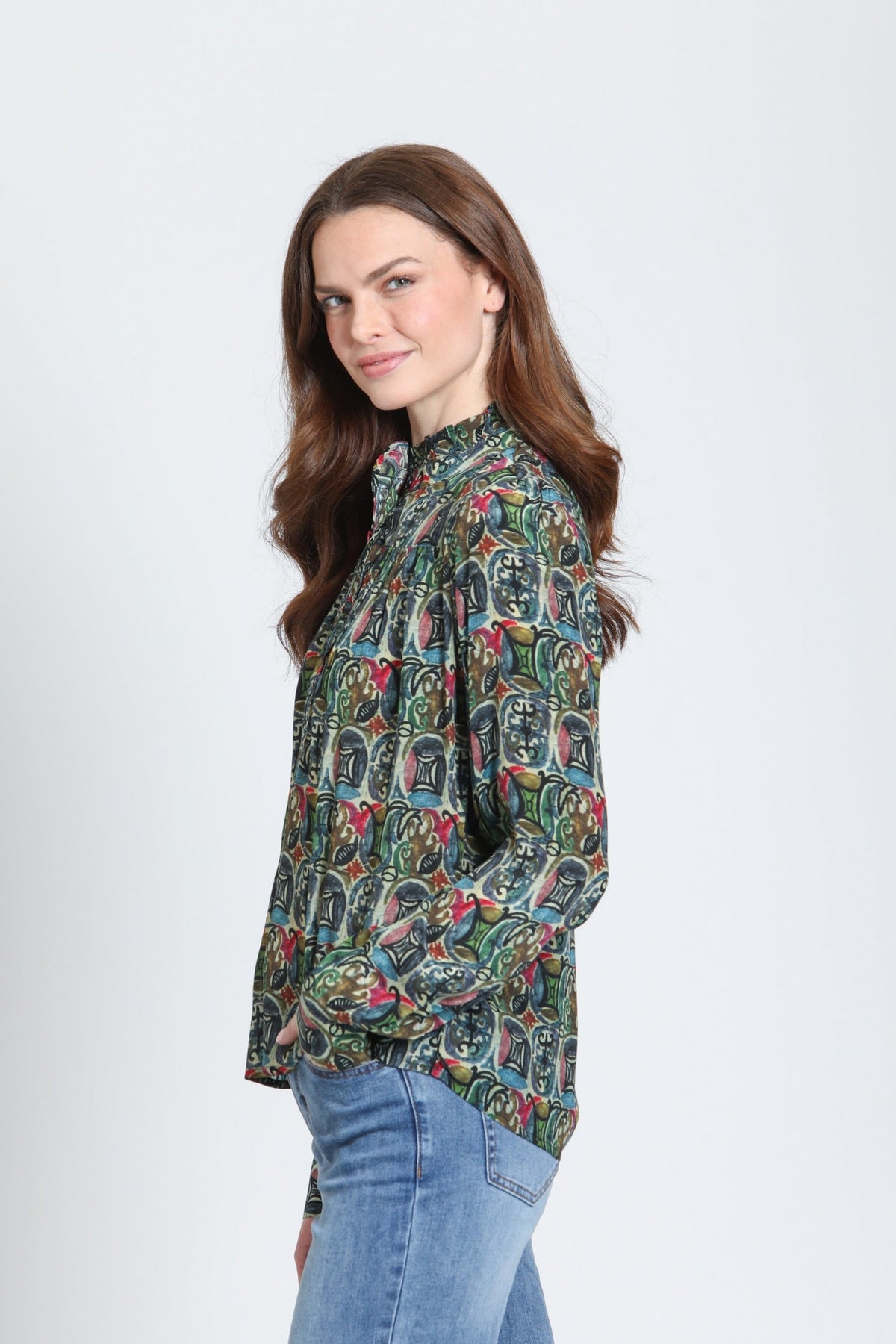 Close-up of the ruffled placket detail on the APNY Blouse