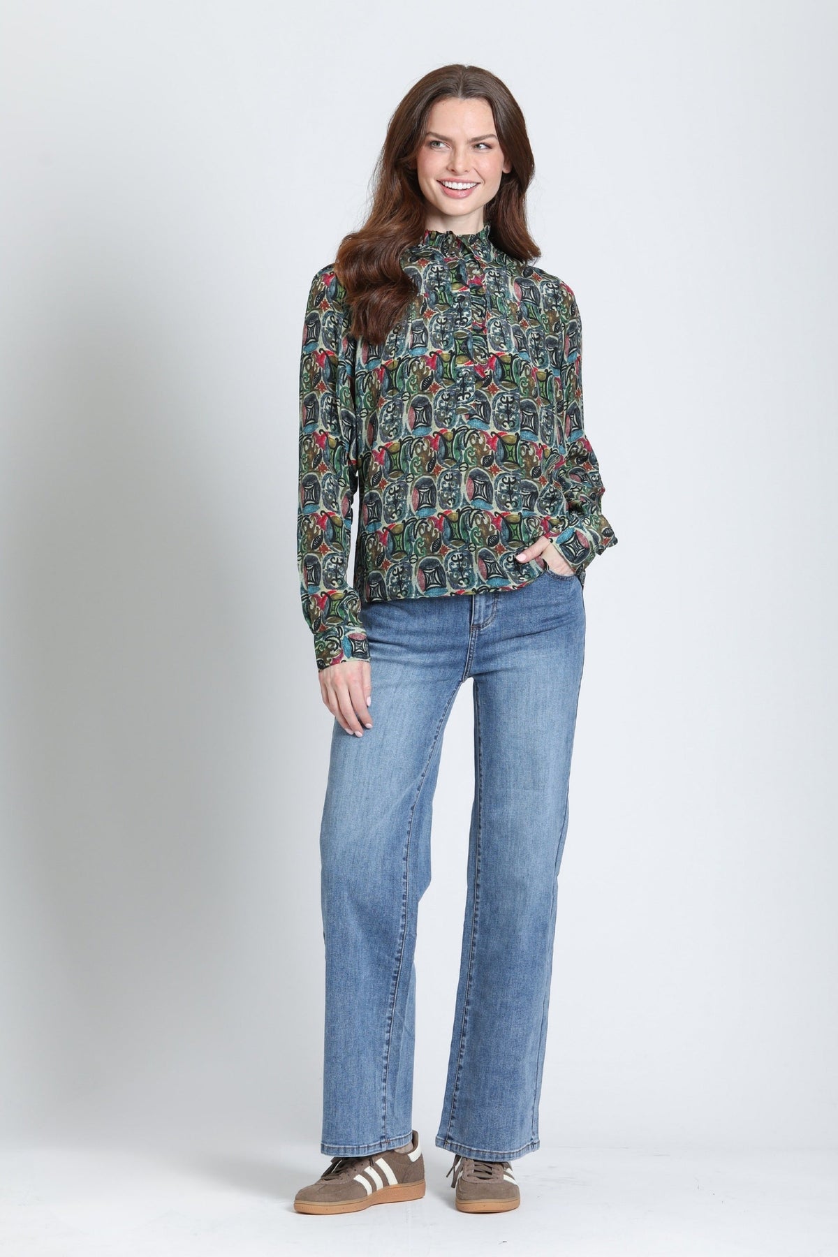 Back view of the APNY Ruffle Half Placket Blouse in Moss &amp; Garnet Multi