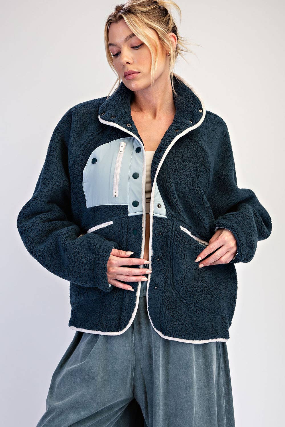 SHERPA BUTTON UP JACKET - Dark Sea Green