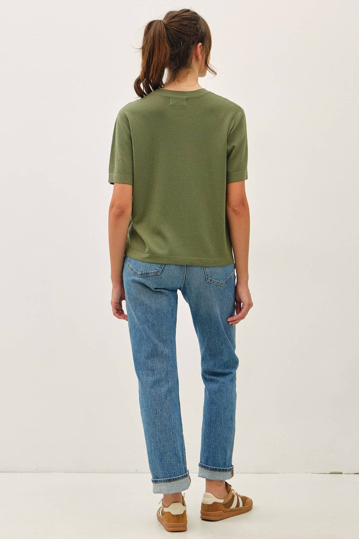 Cashmere Blended Short Sleeve Sweater - Olive