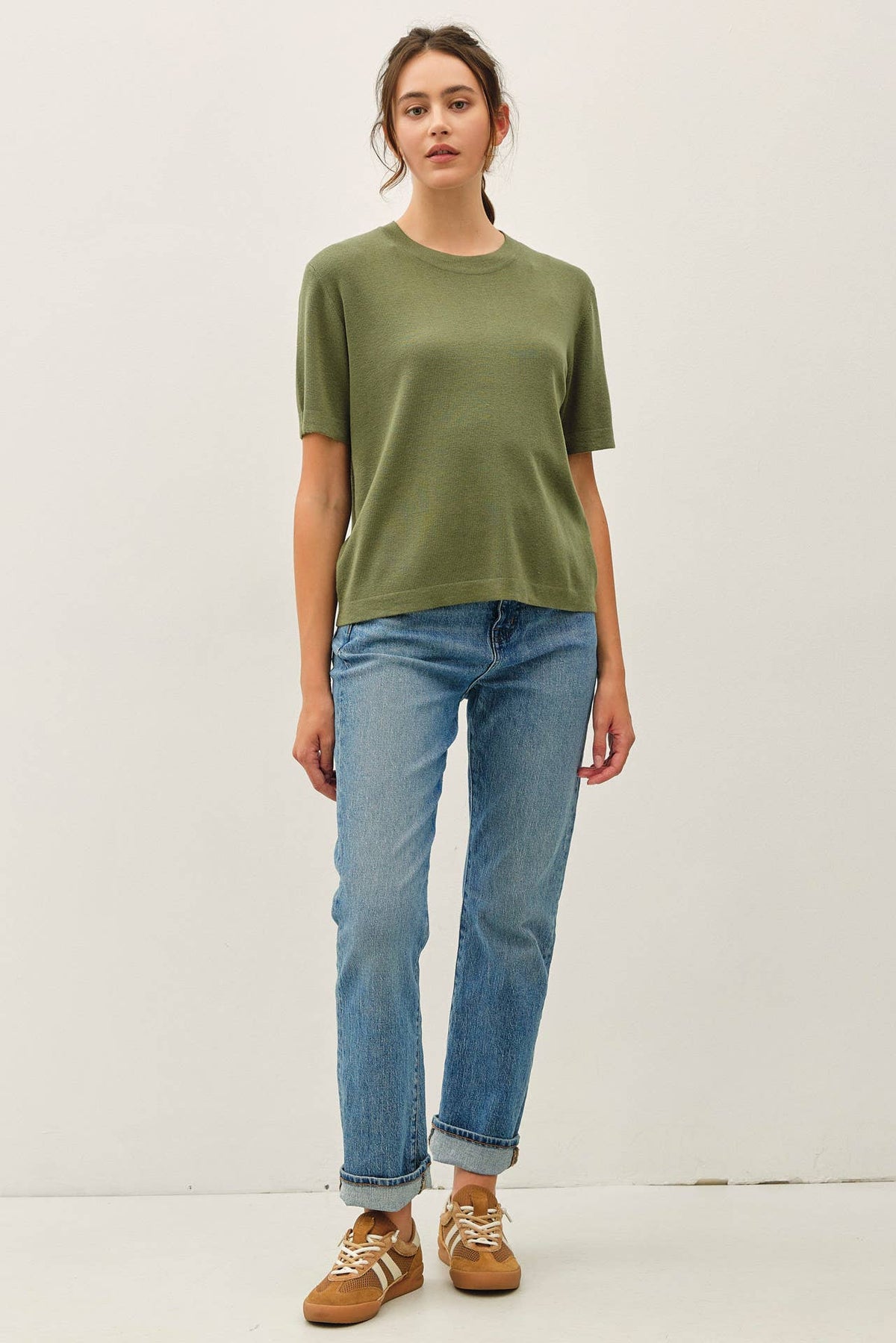 Cashmere Blended Short Sleeve Sweater - Olive