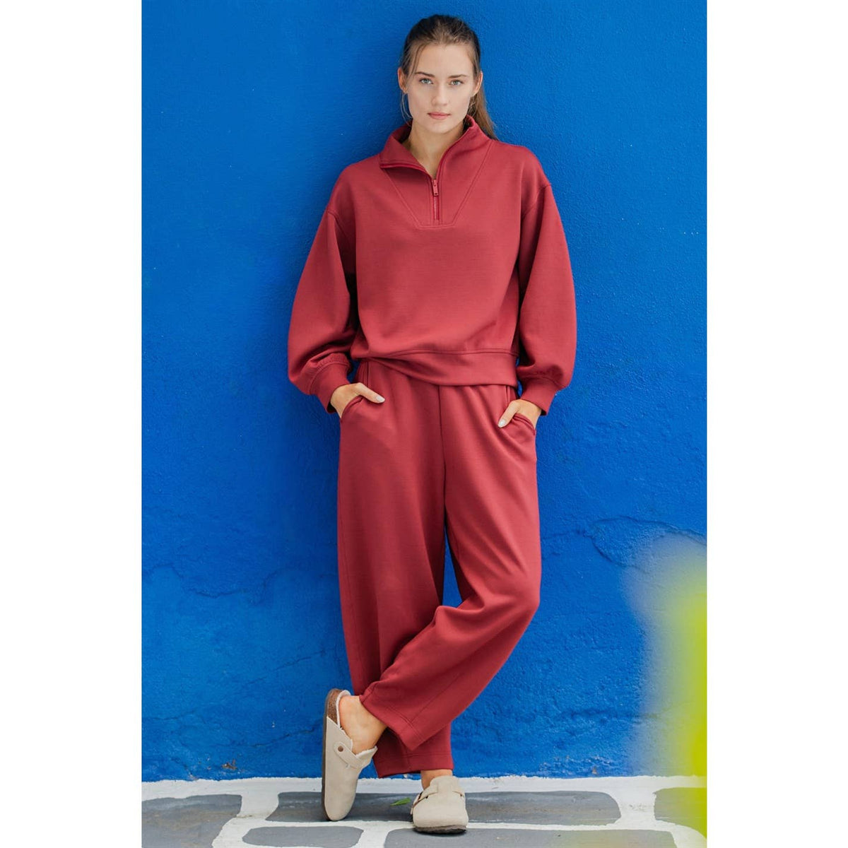 Modal Scuba Quarter Zip Barrel Sleeve Top - Merlot