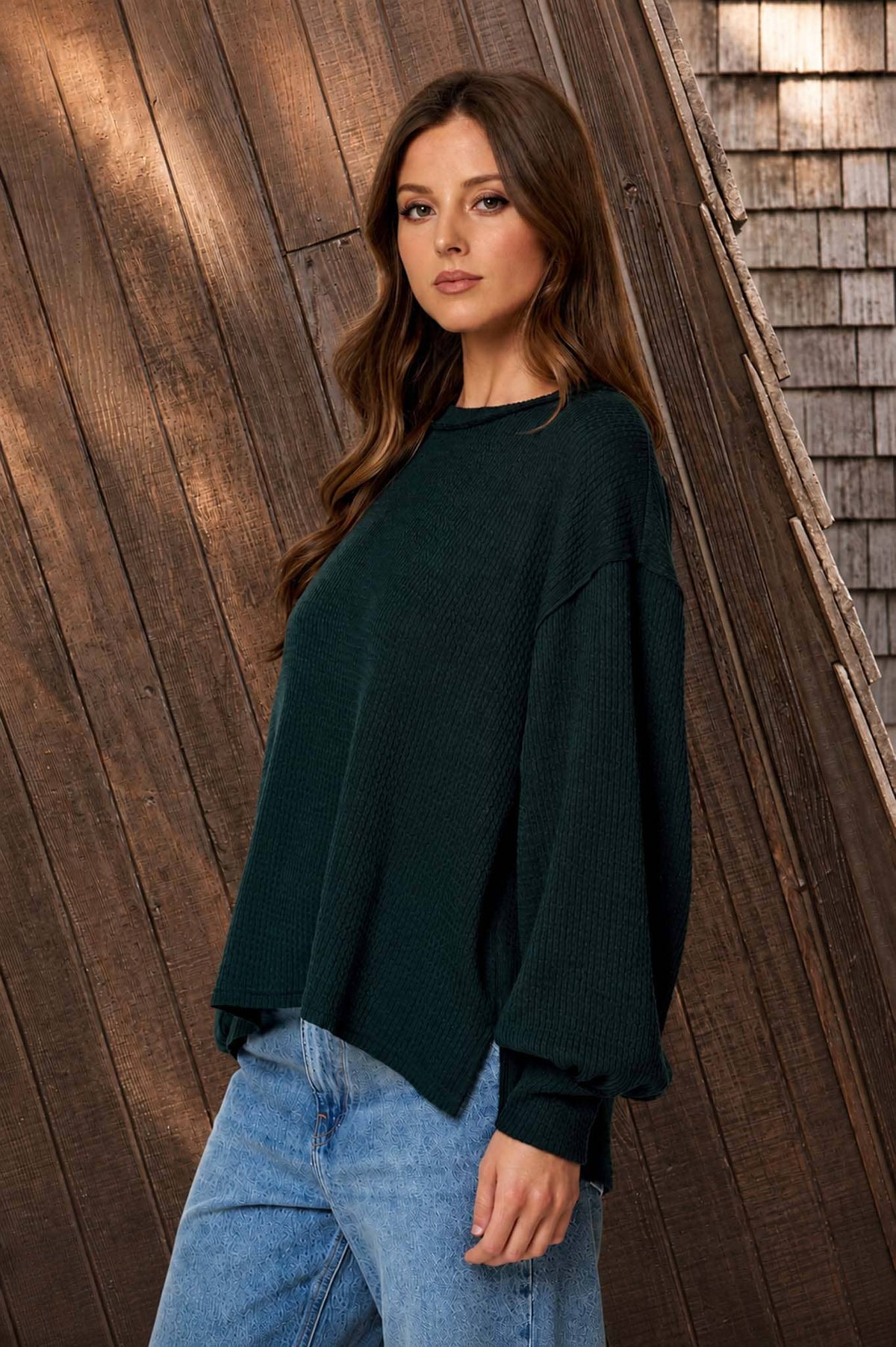 Blu Pepper Textured Exposed Seam Long Extended Sleeve Knit Top - Natural additional view