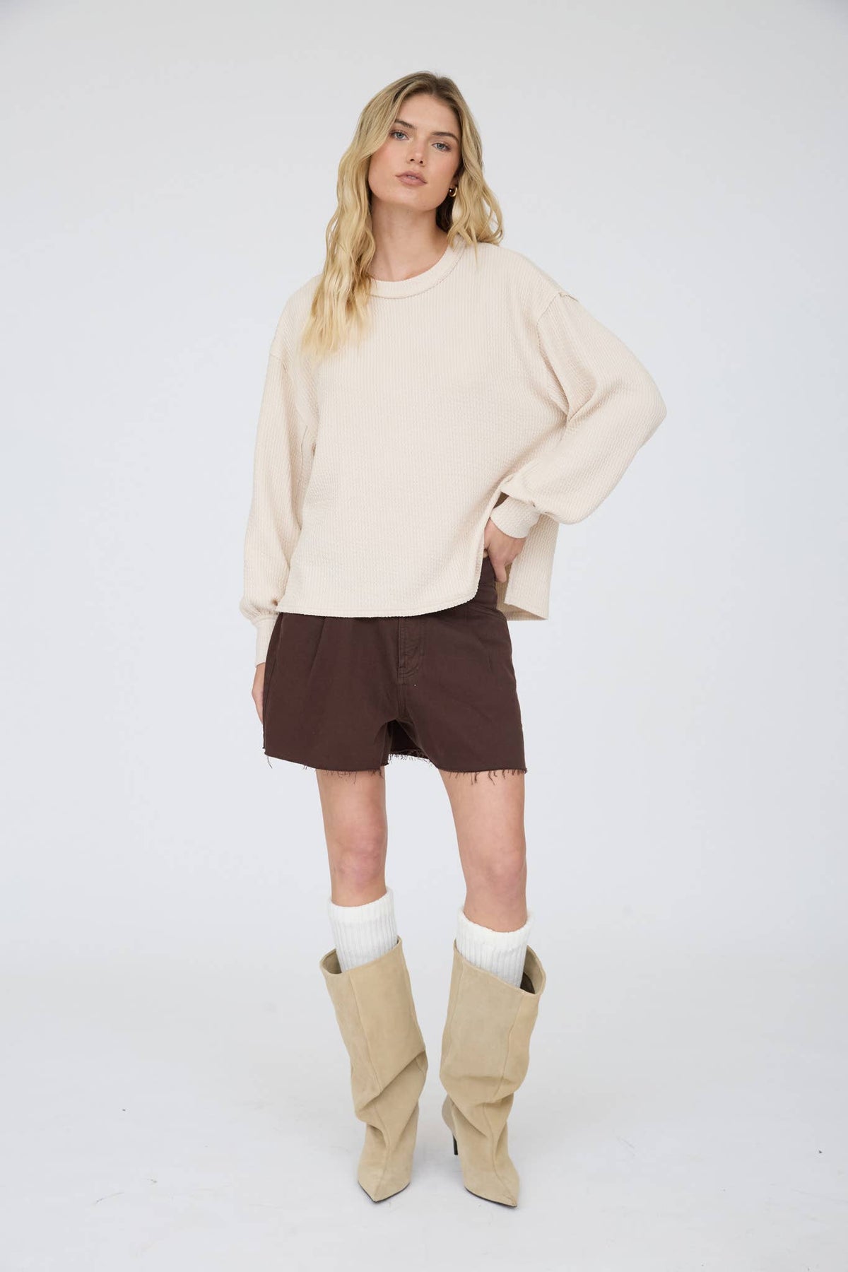 Blu Pepper Textured Exposed Seam Long Extended Sleeve Knit Top - Natural back view