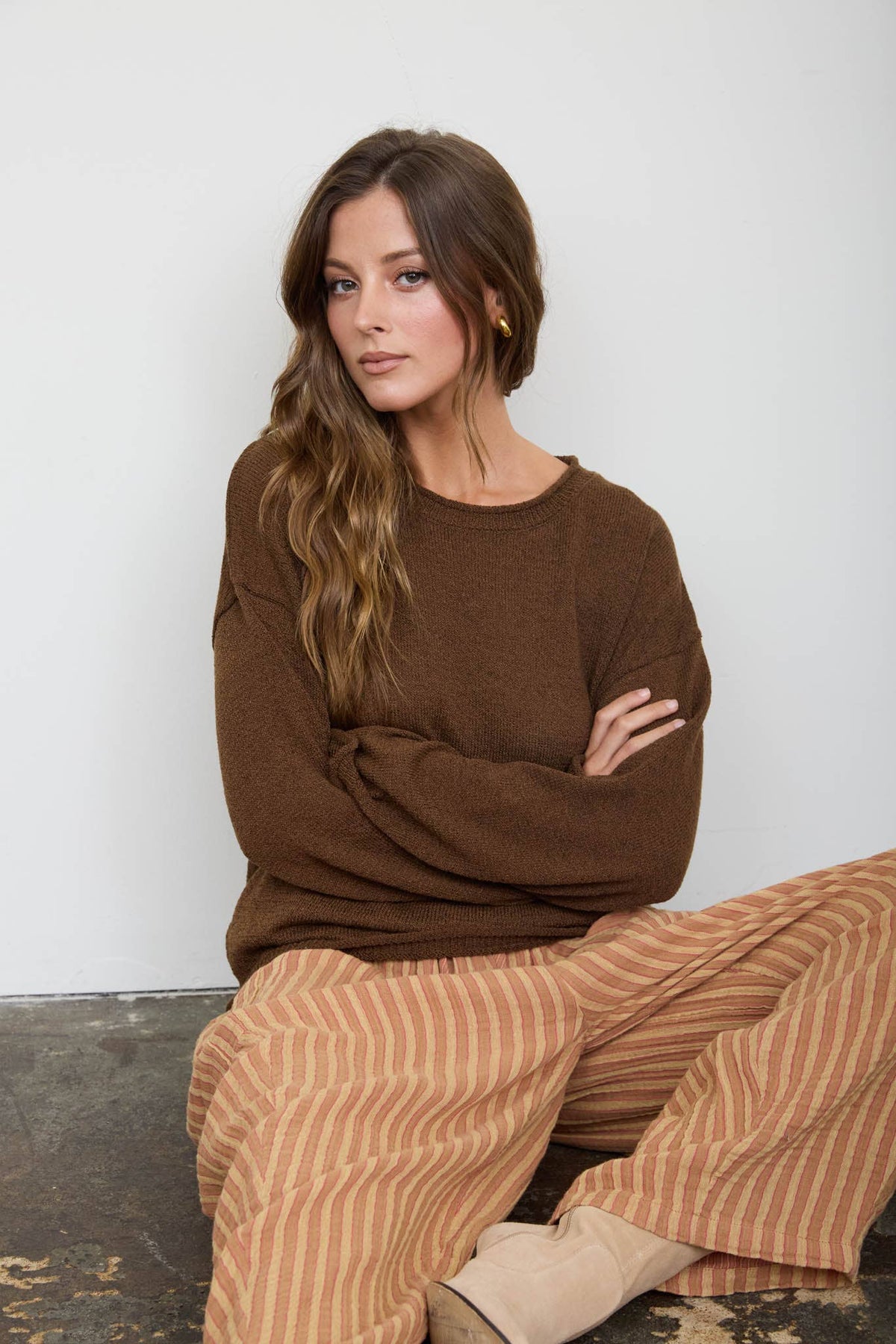 Blu Pepper Textured Raw Edge Long Sleeve Knit Sweater - Mocha additional view