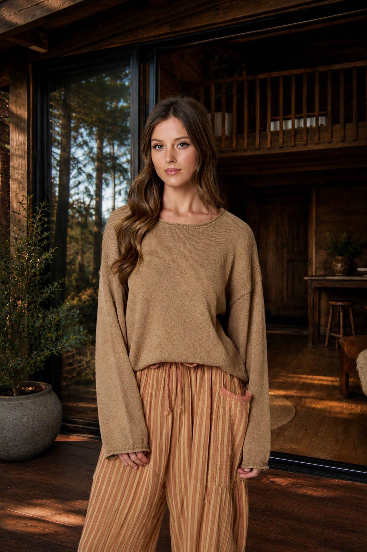 Blu Pepper Textured Raw Edge Long Sleeve Knit Sweater - Mocha back view