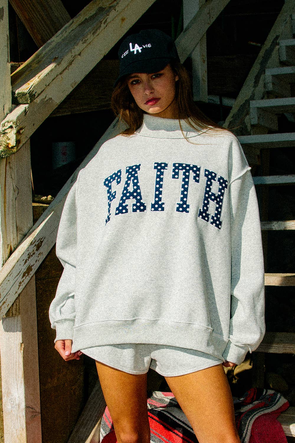 Bucketlist FAITH Embroidered Polka-Dot Mock Neck Sweatshirt - Heather Grey/Polka Dot alternate view 2