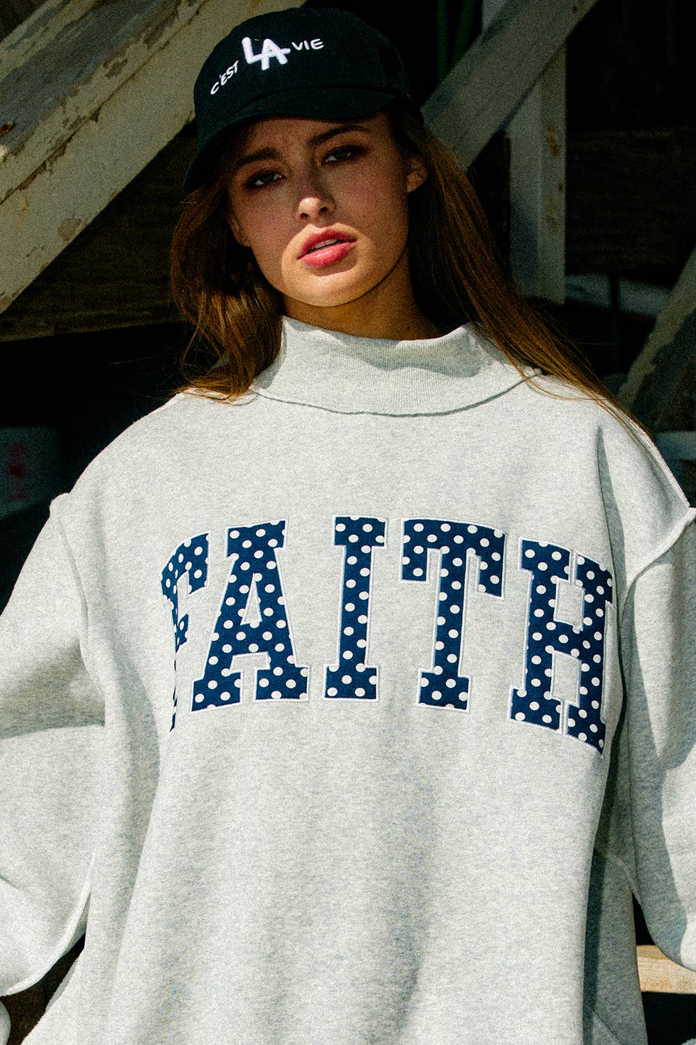 Bucketlist FAITH Embroidered Polka-Dot Mock Neck Sweatshirt - Heather Grey/Polka Dot back view